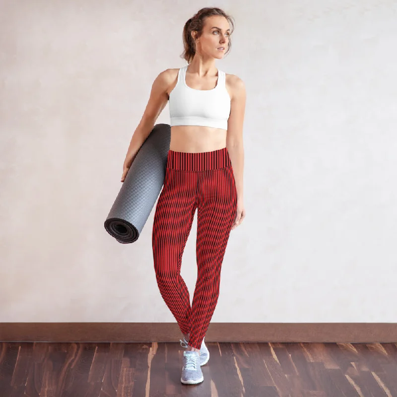 Red Black Striped Yoga Leggings, Long Vertically Stripes Circus Tights For Women-Made in USA/EU Trendy Color Block Leggings