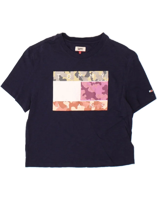 TOMMY HILFIGER Womens Crop Graphic T-Shirt Top UK 10 Small Navy Blue Houndstooth Herringbone Solid