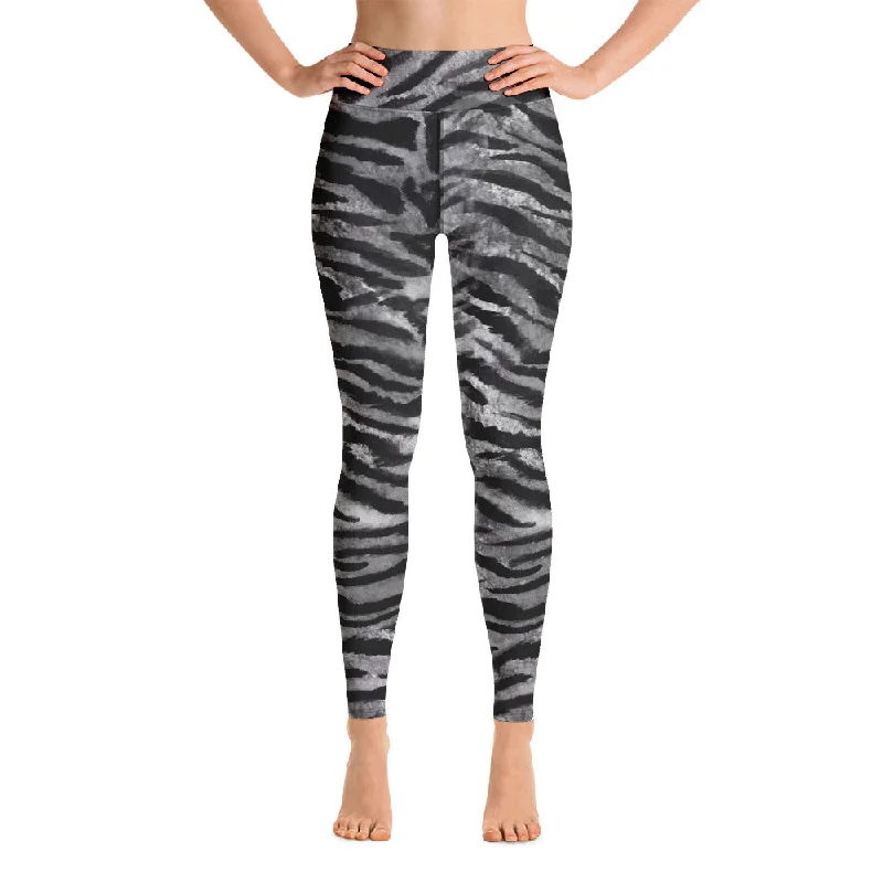 Grey Tiger Striped Yoga Leggings, Gray Tiger Stripes Animal Print Women's Tights-Made in USA/EU Comfortable Fleece-Lined Leggings