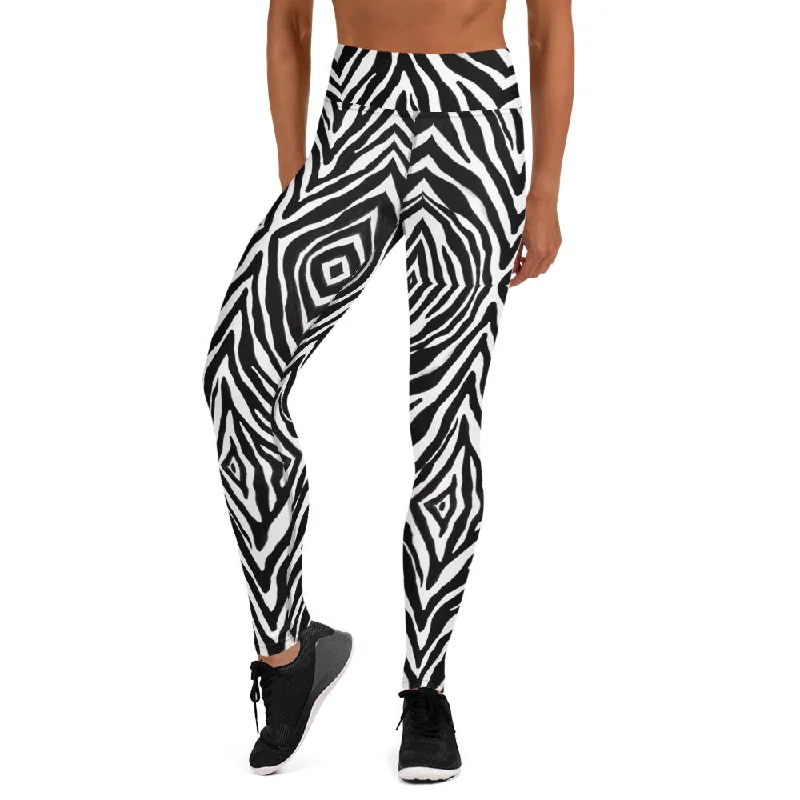 Black Zebra Print Yoga Leggings, Zebra Animal Print Best Women's Active Wear Sports Long Yoga Pants-Made in USA/EU/MX Comfortable Printed Workout Leggings