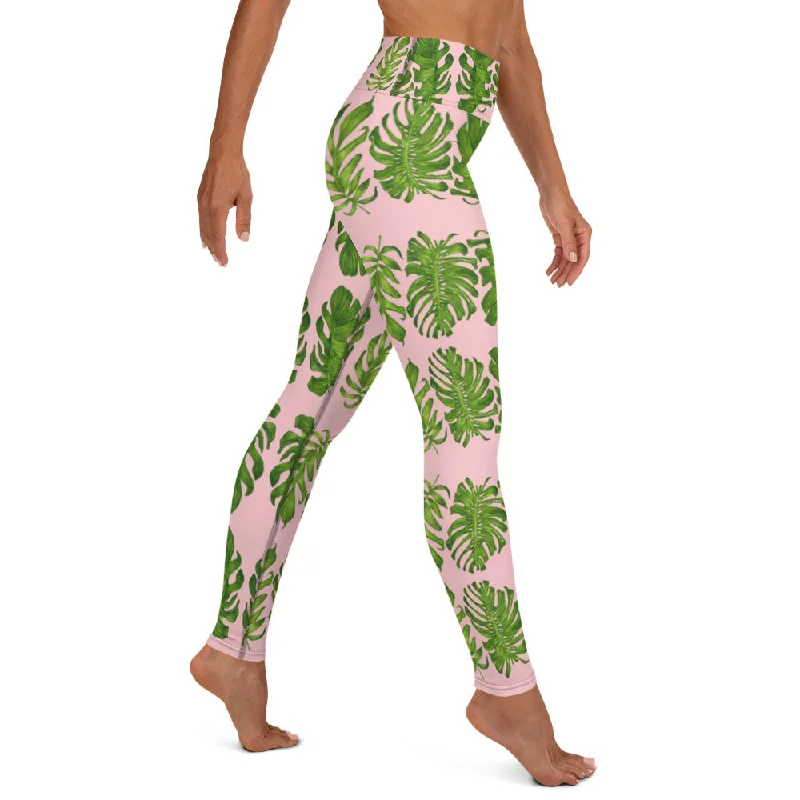 Pink Tropical Leaf Yoga Leggings, Light Pink Hawaiian Style Print Women's Long Tights-Made in USA/EU Casual Black Leggings