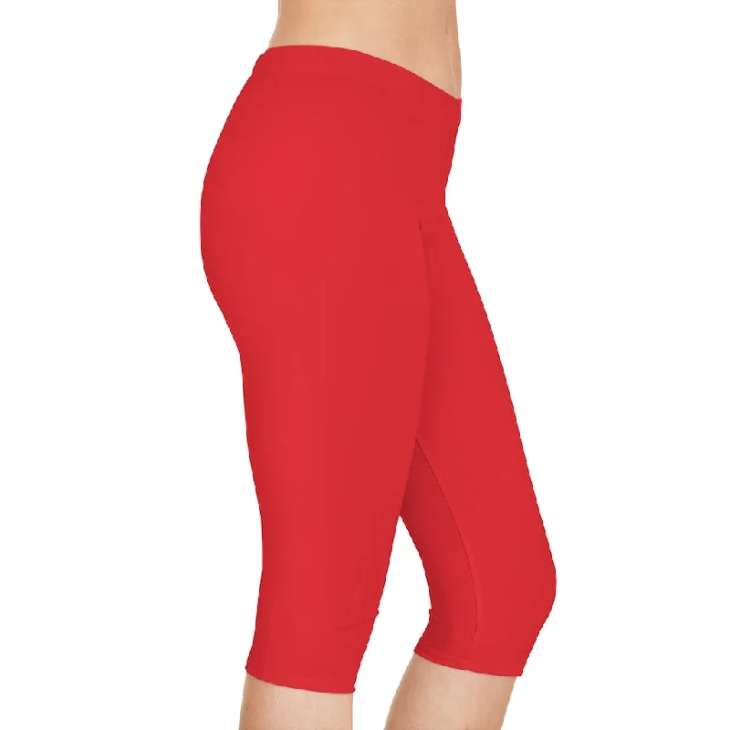 Bright Red Women's Capri Leggings, Knee-Length Polyester Capris Tights-Made in USA (US Size: XS-2XL) Trendy Seamless Fit Leggings