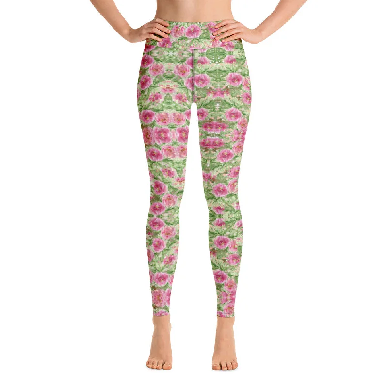 Red Floral Print Yoga Leggings, Flower Rose Printed Women's Long Gym Tights-Made in USA/EU/MX Trendy Activewear Leggings