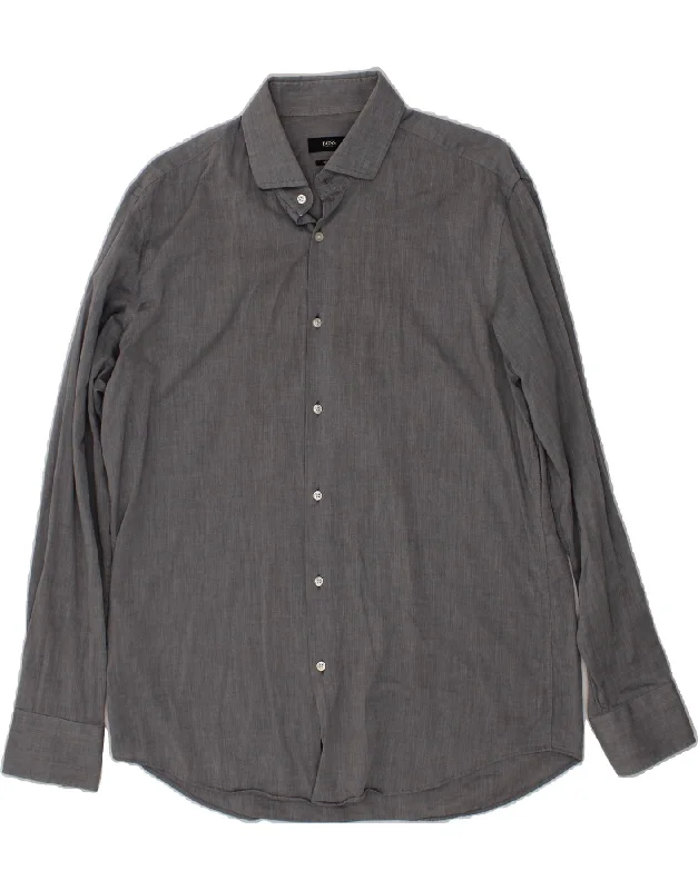 HUGO BOSS Mens Regular Fit Shirt Size 41 16 Large Grey Cotton Collared T-Shirt Boat Neck A-Line