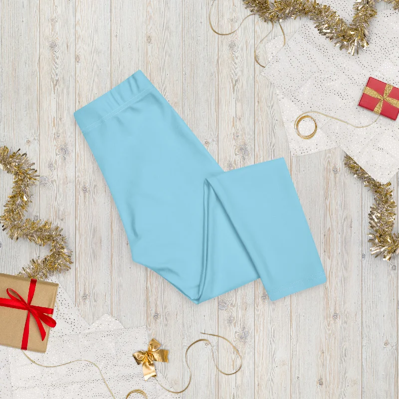Pastel Blue Solid Capri Leggings, Light Blue Solid Color Best Casual Women's Capri Tights-Made in USA/EU/MX Comfortable Full-Body Compression Leggings