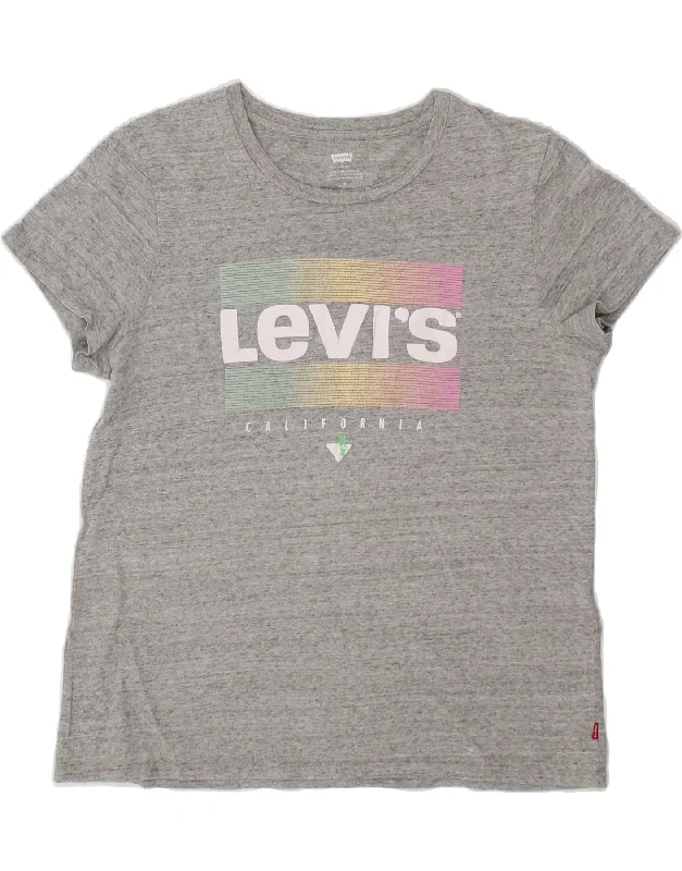 LEVI'S Womens Graphic T-Shirt Top UK 14 Medium Grey Flecked Cotton Cotton Fabric Linen Fabric Terry Fabric