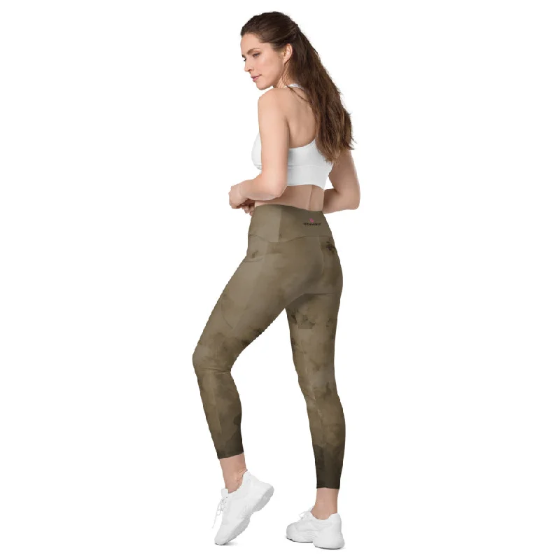 Brown Abstract Women's Leggings, Best Designer Women's Crossover Leggings With Pockets For Ladies - Made in USA/EU/MX Fashionable High-Rise Leggings