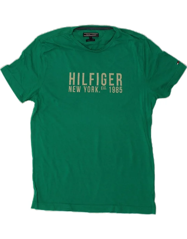 TOMMY HILFIGER Mens Graphic T-Shirt Top Large Green Houndstooth Herringbone Solid