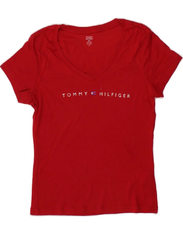 TOMMY HILFIGER Womens Graphic T-Shirt Top UK 12 Medium Red Cotton Front Pockets Side Pockets Patch Pockets