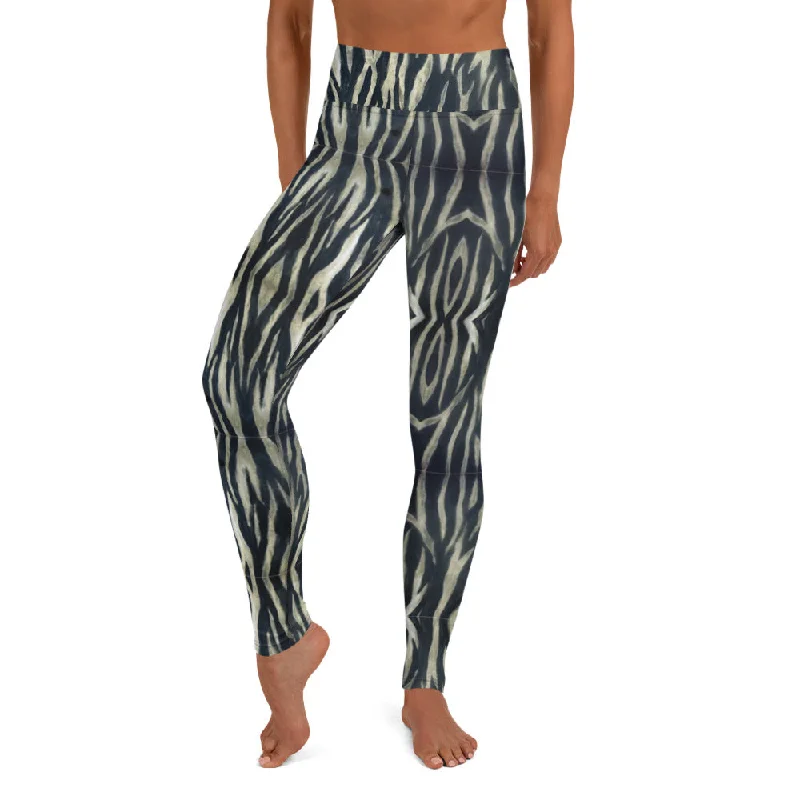 Tiger Striped Ladies' Yoga Leggings, Light Yellow Black Animal Striped Women's Long Gym Pants-Made in USA/EU Cozy Warmth Leggings