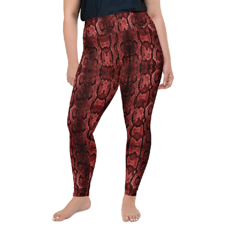 Red Snake Print Women's Tights, Best Snake Skin Print Plus Size Leggings For Ladies- Made in USA/EU/MX Stylish Compression Fit Leggings