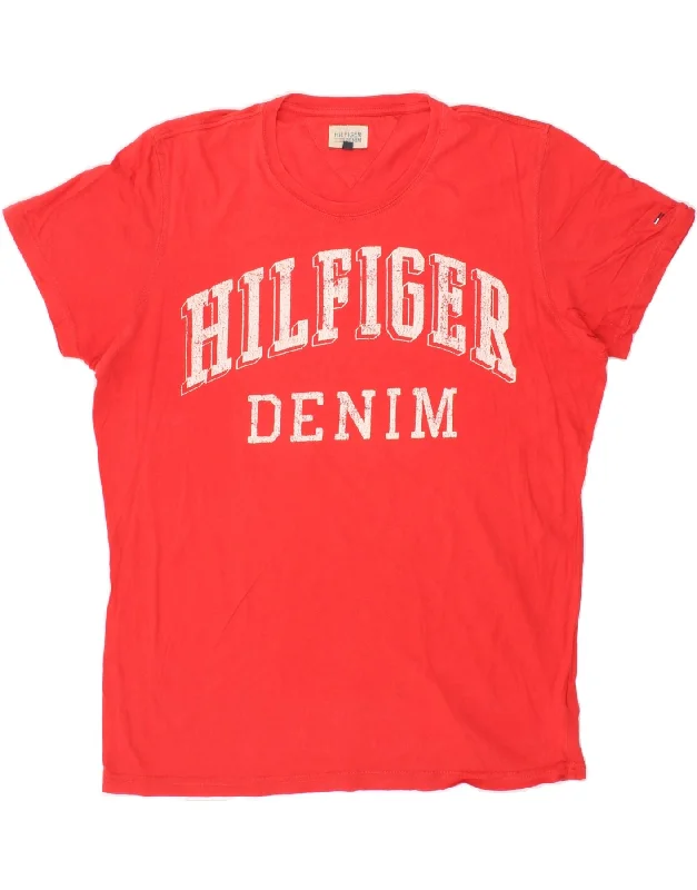 TOMMY HILFIGER Mens Graphic T-Shirt Top XL Red Cotton Chenille Brocade Lace
