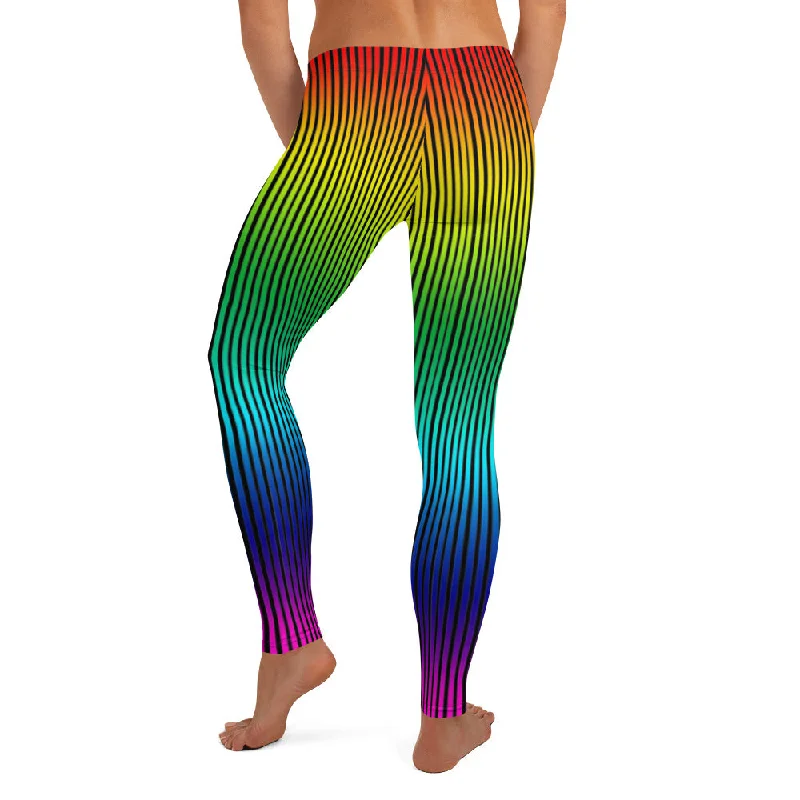 Rainbow Striped Women's Casual Leggings, Long Vertical Stripes Fashion Tights-Made in USA/EU/MX Trendy Leather-Look Workout Leggings