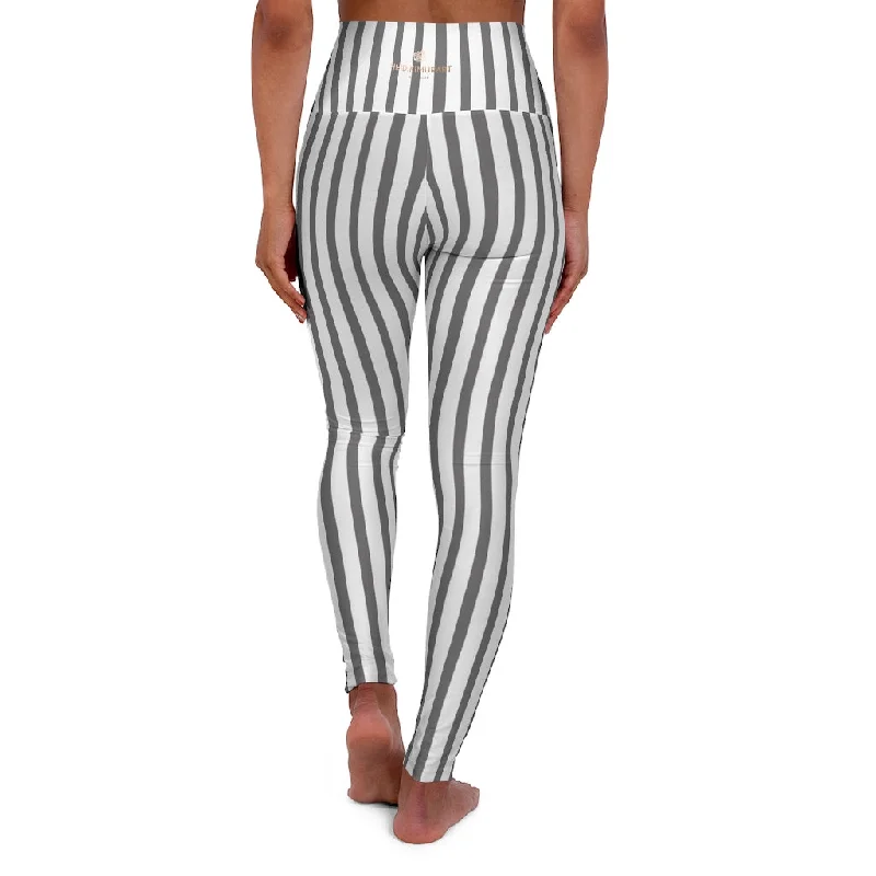 Grey Striped Women's Leggings, Premium Modern Stripes High Waisted Yoga Pants-Made in USA Trendy Fitness Leggings