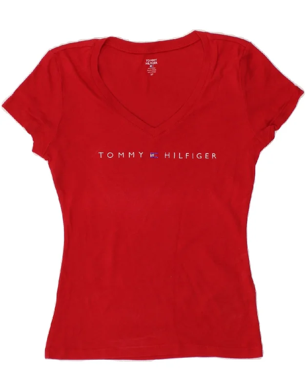 TOMMY HILFIGER Womens Graphic T-Shirt Top UK 10 Small Red Cotton Polka Dot Checkered Tartan