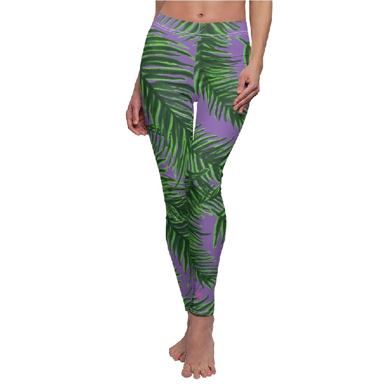 Purple Tropical Leaves Casual Leggings, Green Jungle Palm Tree Women's Long Leggings-Made in USA Comfortable Compression Leggings