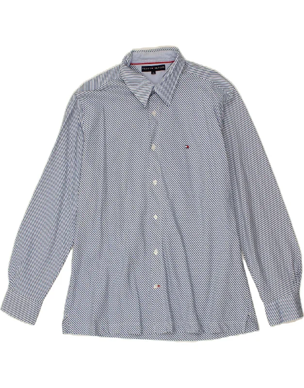 TOMMY HILFIGER Mens Shirt Large Blue Striped Cotton Knit Fabric Woven Fabric Fleece Fabric