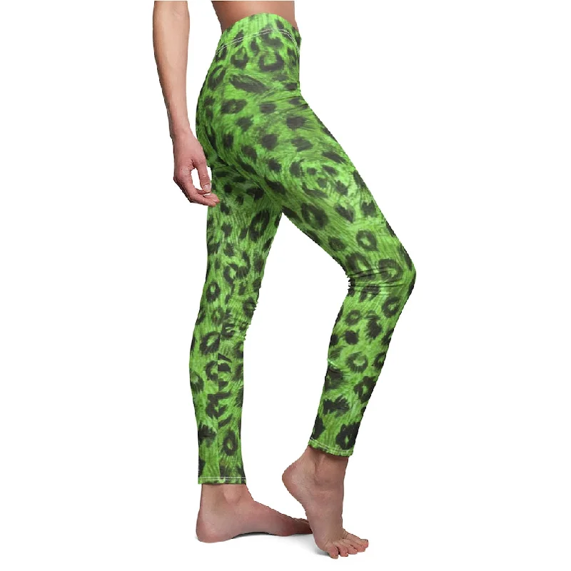 Green Leopard Print Casual Leggings, Animal Print Women's Dressy Long Casual Leggings- Made in USA Elegant Textured Leggings