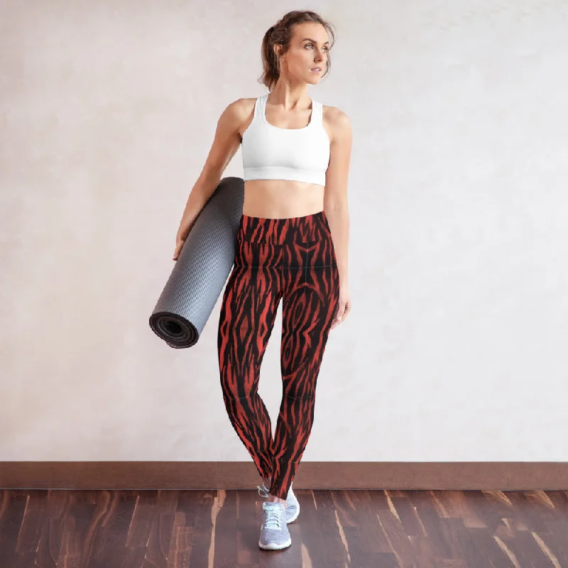 Red Tiger Yoga Leggings, Animal Print Tiger Striped Designer Gym Tights-Made in USA/EU/MX Trendy Adjustable Waist Leggings