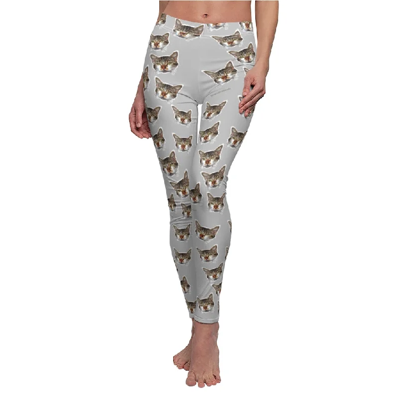 Light Gray Peanut Meow Cat Cute Calico Print Women's Fancy Casual Leggings- Made in USA Comfortable Ribbed Sports Leggings