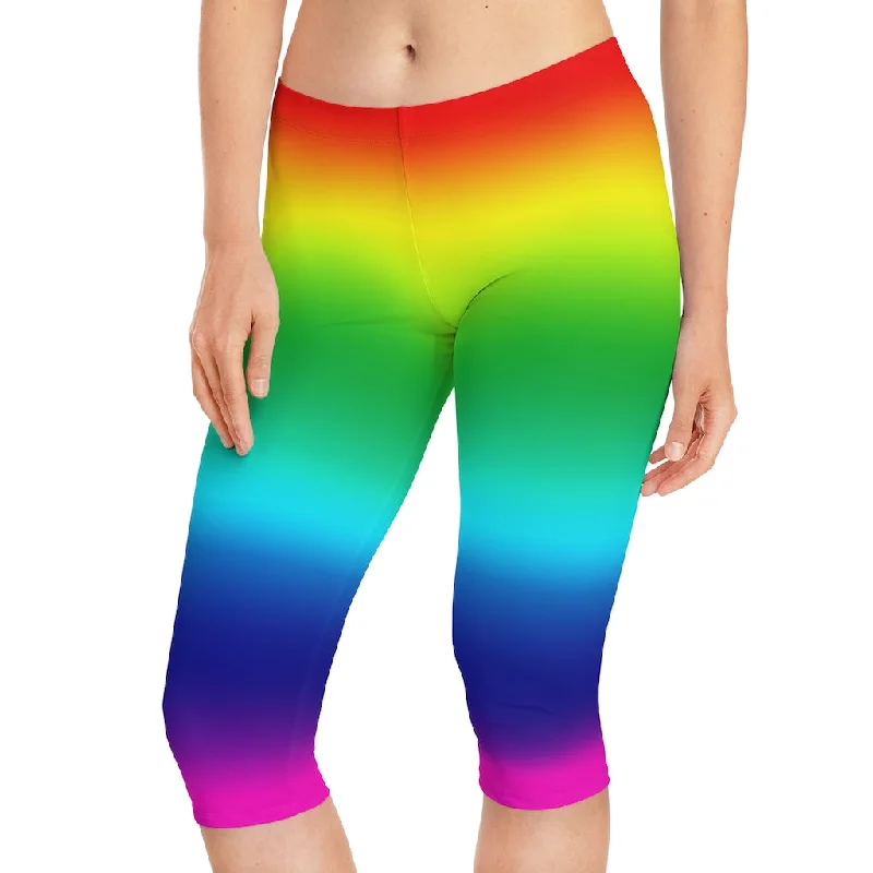 Rainbow Women's Capri Leggings, Knee-Length Polyester Capris Tights-Made in USA (US Size: XS-2XL) Trendy Spandex Leggings
