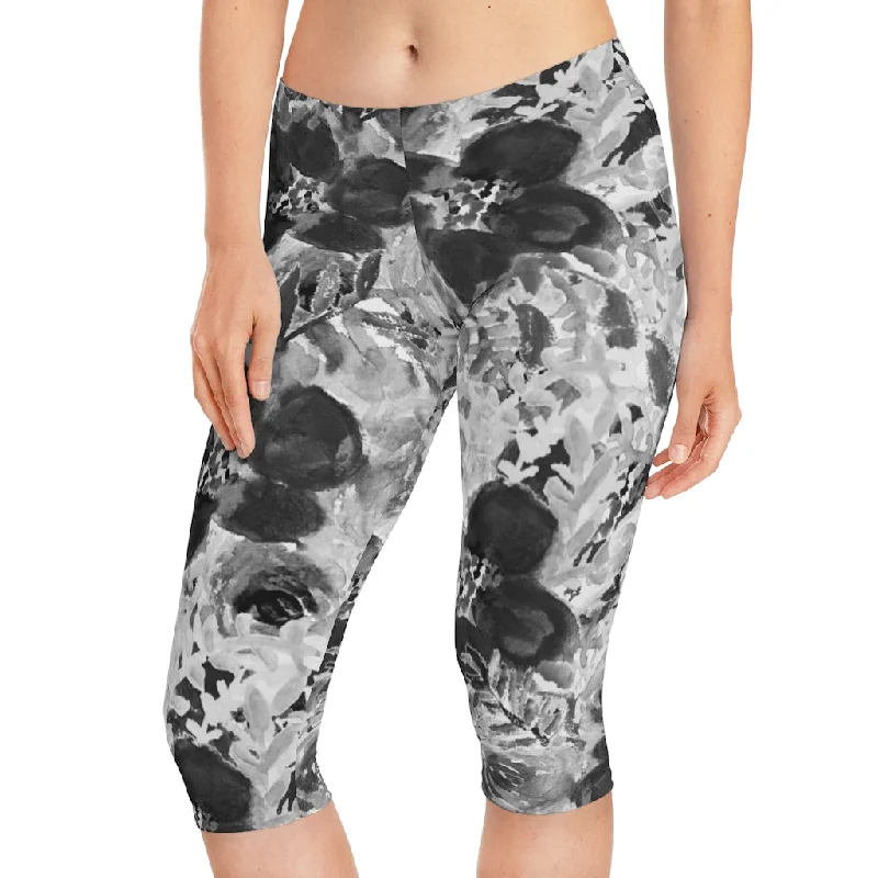 Grey Floral Women's Capri Leggings, Knee-Length Polyester Capris Tights-Made in USA (US Size: XS-2XL) Cozy Lounge Pants Leggings