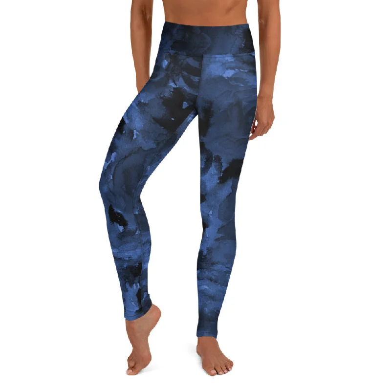 Navy Blue Abstract Yoga Leggings, Long Dark Blue Women's Long Gym Tights-Made in USA/EU/MX Trendy Seamless Sports Leggings