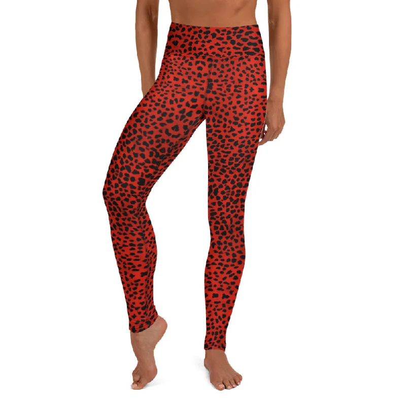 Red Cheetah Print Yoga Leggings, Leopard Animal Print Long Women's Gym Tights-Made in USA/EU/MX Stylish Printed Stretch Leggings