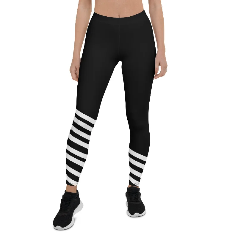 Black Striped Women's Causal Leggings, UPF 50+ Best Modern Ladies Casual Tights- Made in USA/ EU/ MX Trendy Cold Weather Tights