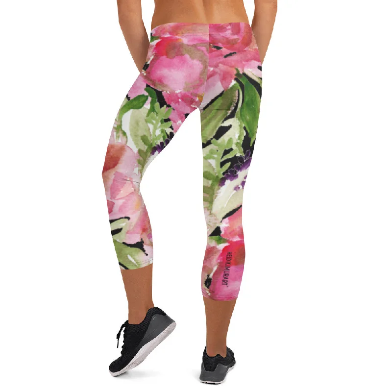 Pink Floral Women's Capri Leggings, Floral Casual Tights Floral Designer Casual 38–40 UPF Capri Leggings Activewear Outfit - Made in USA/EU/MX (US Size: XS-XL) Trendy Leather-Look Workout Leggings
