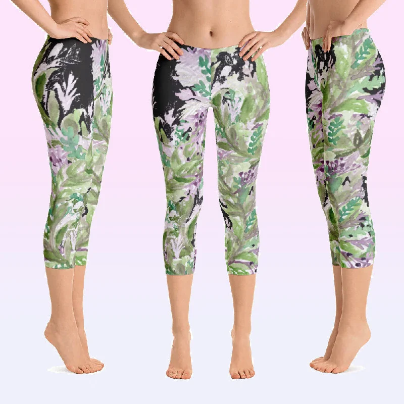 Lavender Women's Capri Leggings, Floral Black Purple Print Capris Tights- Made in USA/EU Comfortable Running Leggings