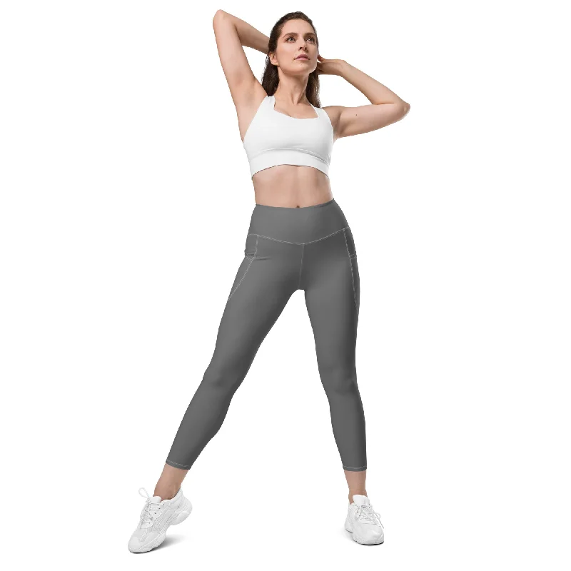 Graphite Gray Women's Tights, Best Designer Sports Exercise Leggings With Pockets - Made in USA/EU/MX Fashionable Lacy Detail Leggings