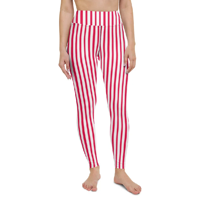 Red White Striped Yoga Leggings, Colorful Vertical Stripes Women's Long Tights-Made in USA/EU Casual Sporty Leggings