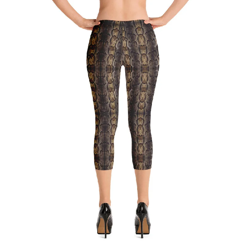 Brown Snake Print Capri Leggings, Snake Python Print Casual Capris Tights For Women-Made in USA/EU/MX Fashionable Fitted Workout Leggings