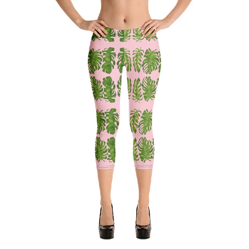 Pink Tropical Leaf Capri Leggings, Nude Pink Hawaiian Style Eve's Capris Casual Tights-Made in USA/EU Comfortable Cold Weather Leggings