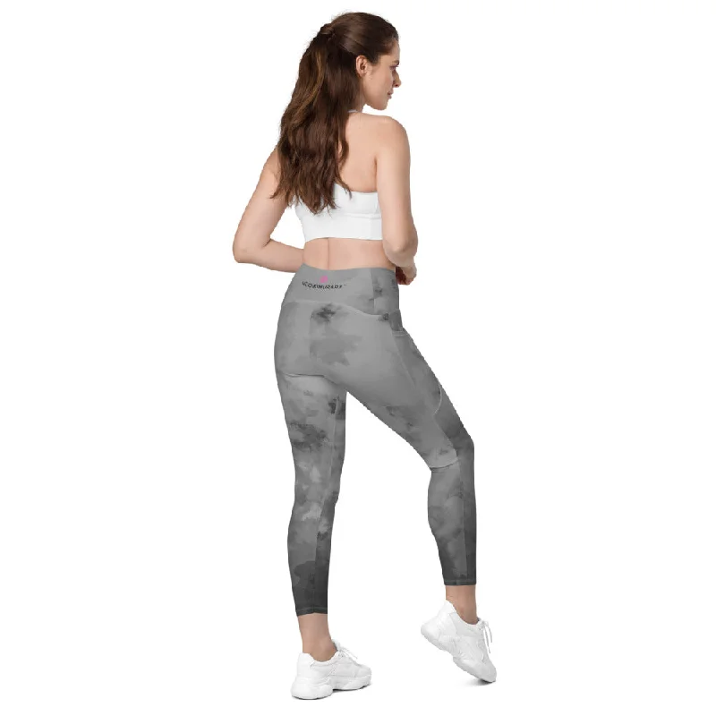 Gray Abstract Women's Tights, Crossover UPF 50+ Sports Yoga Gym Leggings With 2 Side Pockets For Ladies - Made in USA/EU/MX (US Size: 2XS-6XL) Fashionable Sports Compression Leggings