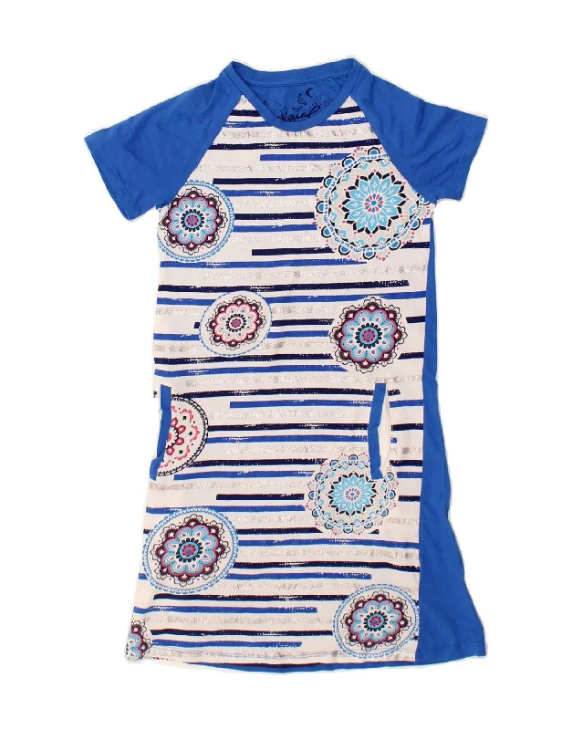 DESIGUAL Girls T-Shirt Dress 11-12 Years Blue Striped Cotton Seamless Knitted Crochet