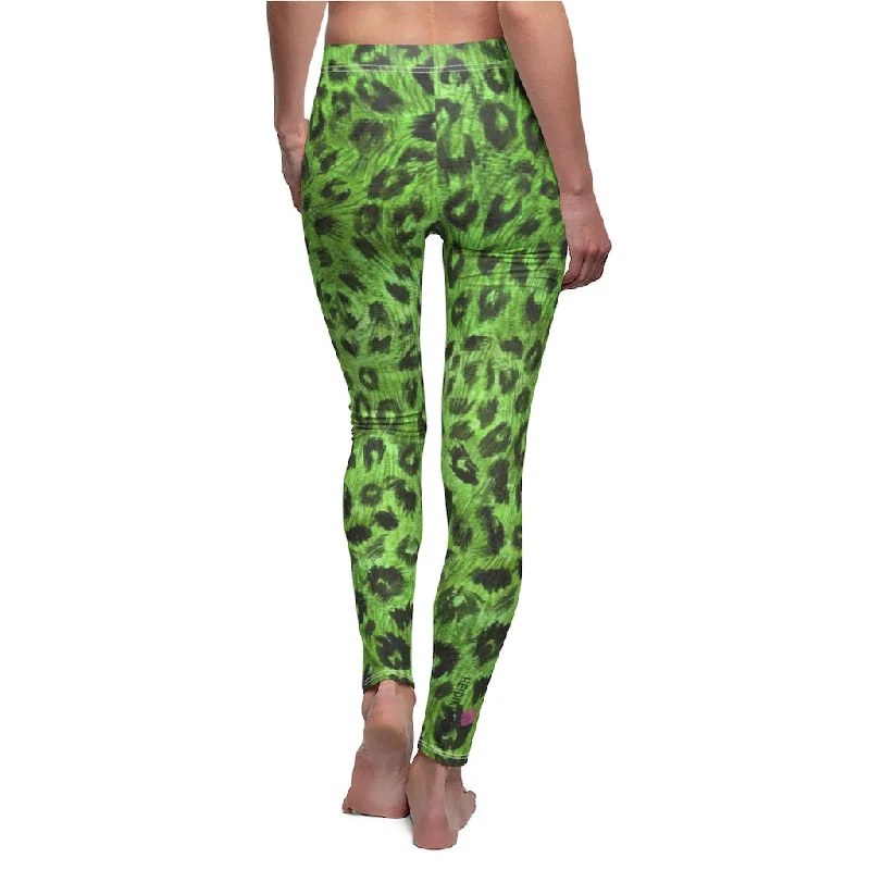 Green Leopard Print Casual Leggings, Animal Print Women's Dressy Long Casual Leggings- Made in USA Comfortable Zip-Up Leggings