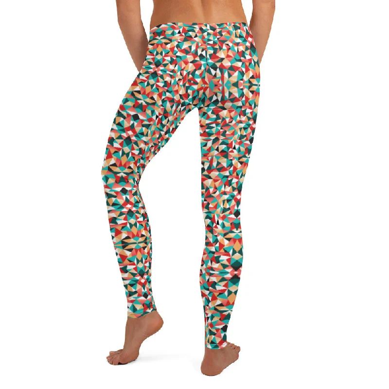 Red Geometric Women's Casual Leggings, Colorful Patterned Ladies Tights-Made in USA/EU/MX Trendy Minimalist Leggings