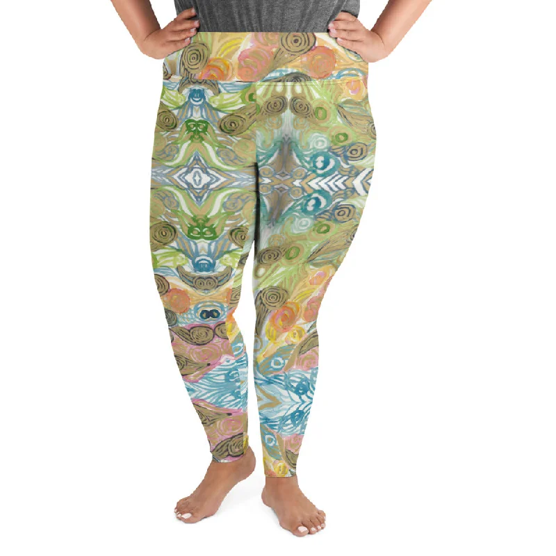 Japanese Wave Style Tights, Abstract Print Plus Size Leggings For Curvy Ladies - Made in USA/EU/MX Stylish Everyday Leggings