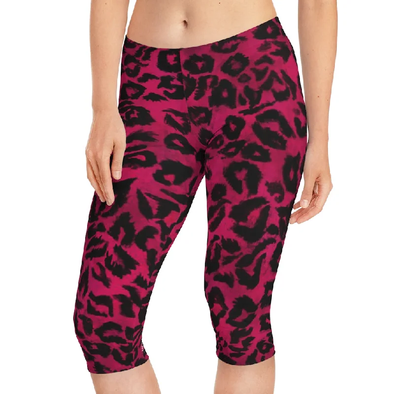Pink Leopard Women's Capri Leggings, Hot Pink Animal Print Best Knee-Length Polyester Capris Tights-Made in USA (US Size: XS-2XL) Comfortable Power Mesh Leggings