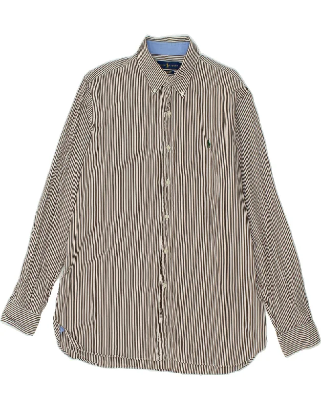 RALPH LAUREN Mens Shirt Large Brown Pinstripe Cotton Print Jacquard Patchwork