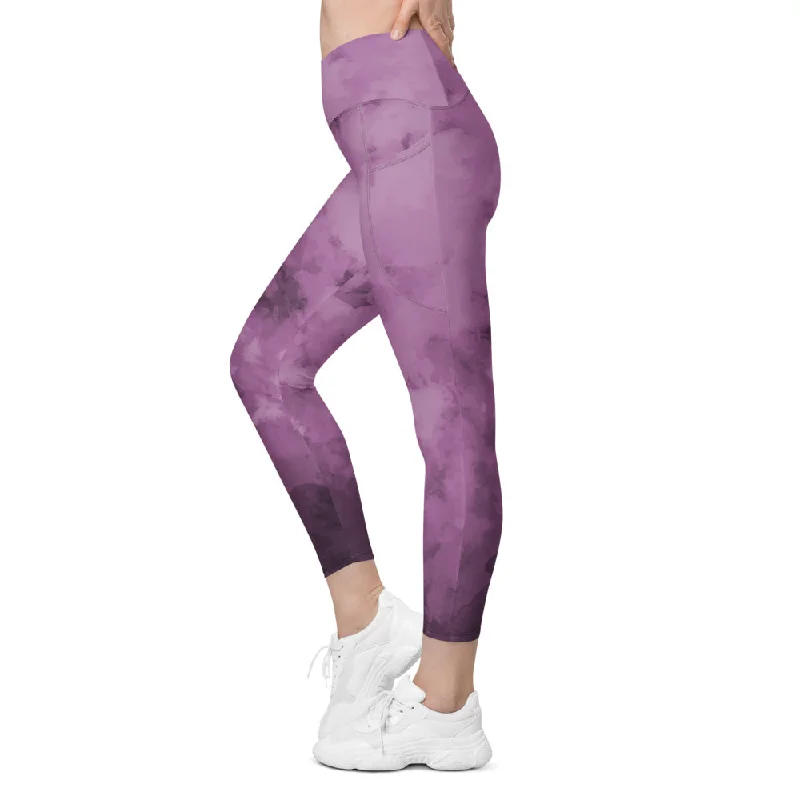 Purple Cross Over Women's Tights, Best Women's Crossover Leggings With Pockets For Ladies - Made in USA/EU/MX Elegant Satin Finish Leggings