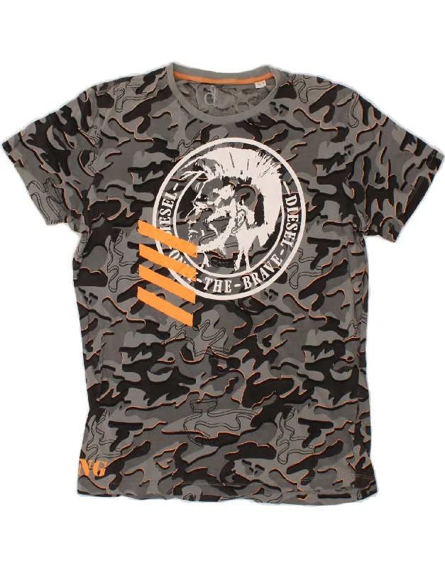 DIESEL Mens Graphic T-Shirt Top Medium Grey Camouflage Handmade Hand-knitted Hand-woven