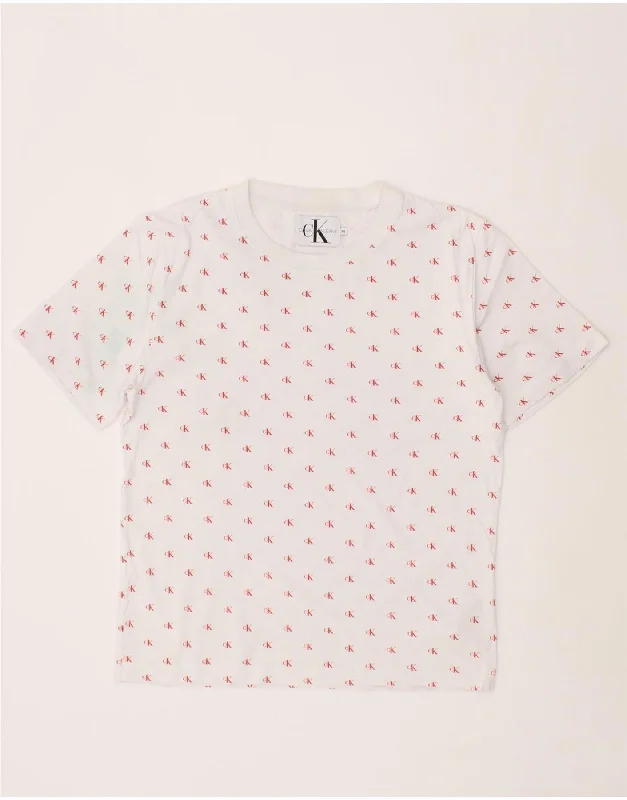 CALVIN KLEIN JEANS Mens Abstract Pattern T-Shirt Top XS White Cotton Ribbed T-Shirt High Neck Heavyweight