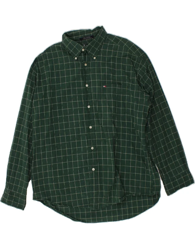 TOMMY HILFIGER Mens Shirt XL Green Check Cotton Spandex Blend Rayon Blend Denim Blend