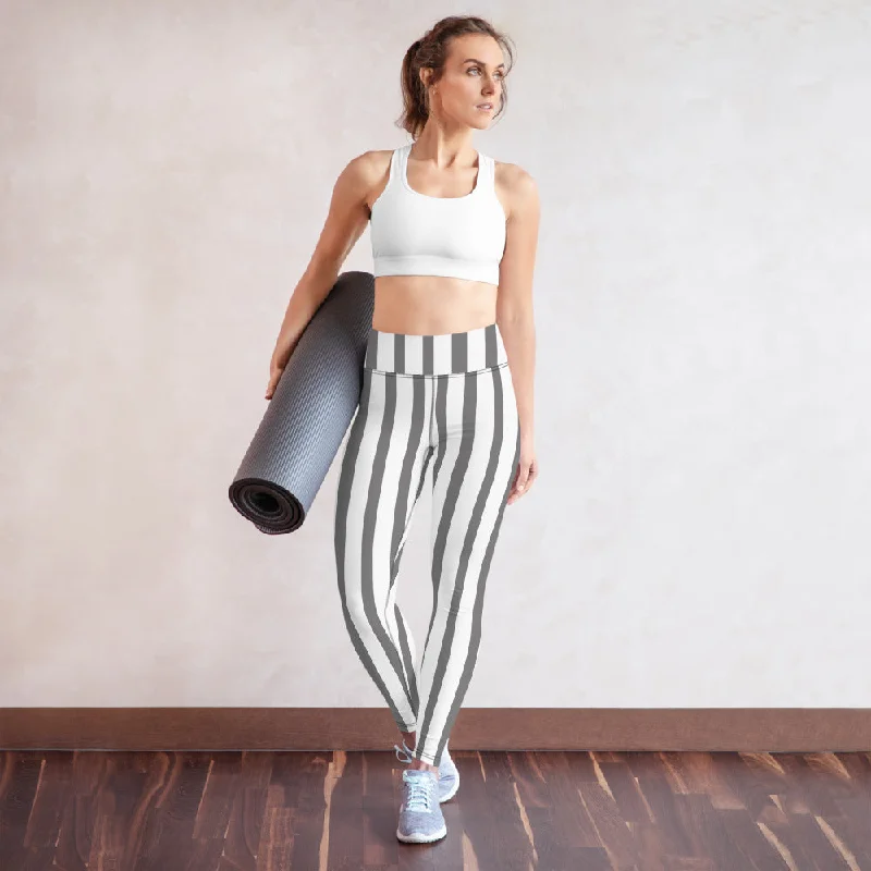 Grey White Striped Yoga Leggings, Vertical Stripes Women's Long Tights-Made in USA/EU/MX Elegant Black Leggings