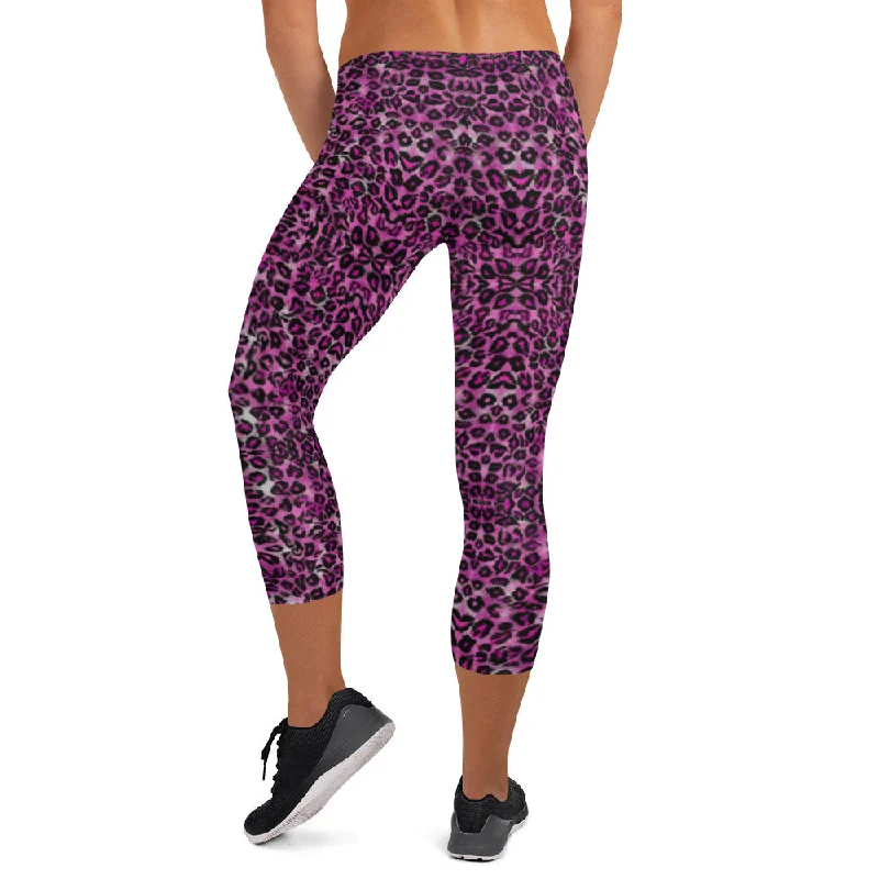 Pink Leopard Print Capri Leggings, Leopard Animal Print Casual Capris Tights For Women-Made in USA/EU/MX Cozy Yoga Compression Leggings