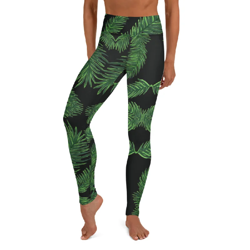 Black Green Tropical Yoga Leggings, Hawaiian Style Women's Long Sports Tights-Made in USA/EU/MX Fashionable Fitted Workout Leggings