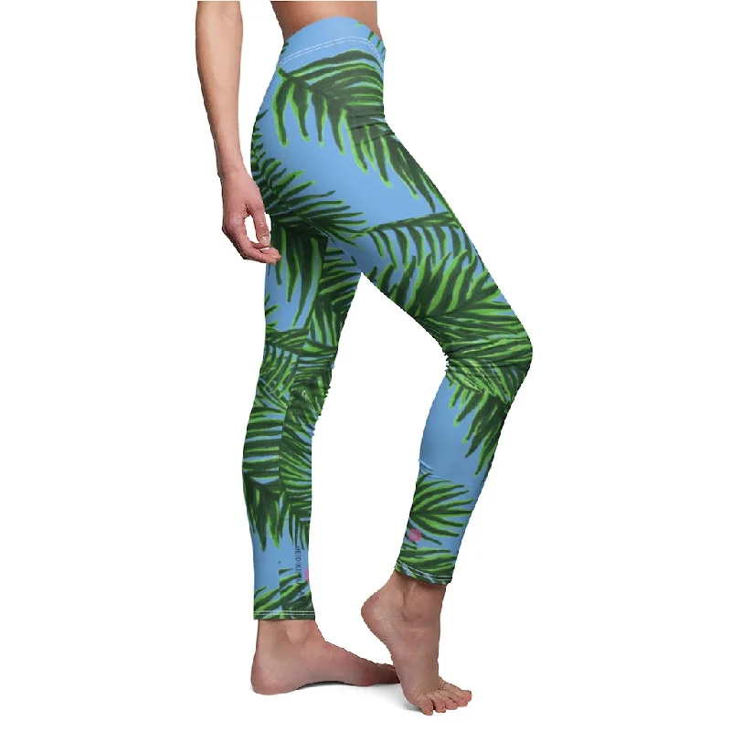Blue Tropical Leaves Casual Leggings, Green Jungle Palm Tree Women's Long Leggings-Made in USA Stylish Lightweight Leggings